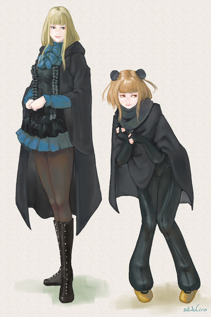 2girls, a_ichiro, bangs, beatrice_(princess_principal), black_footwear, blonde_hair, blunt_bangs, boots