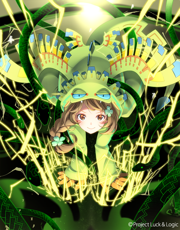 1girl, braid, brown_eyes, brown_hair, clover_hair_ornament, full_body, hair_ornament, looking_at_viewer