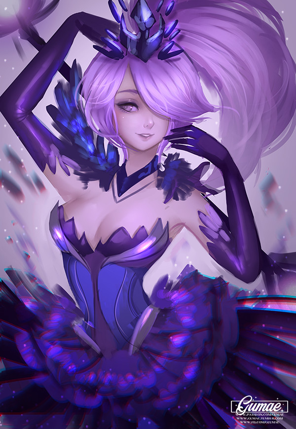 1girl, alternate_costume, alternate_eye_color, alternate_hair_color, alternate_hairstyle, artist_name, black_gloves, breasts