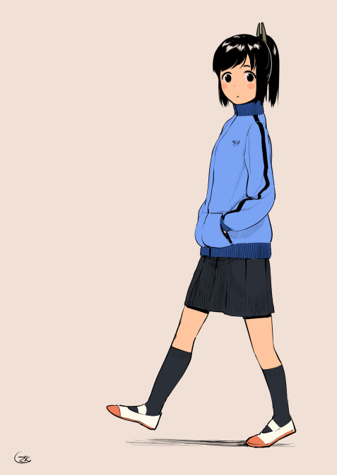 1girl, alternate_costume, black_eyes, black_hair, black_legwear, black_skirt, commentary, from_side