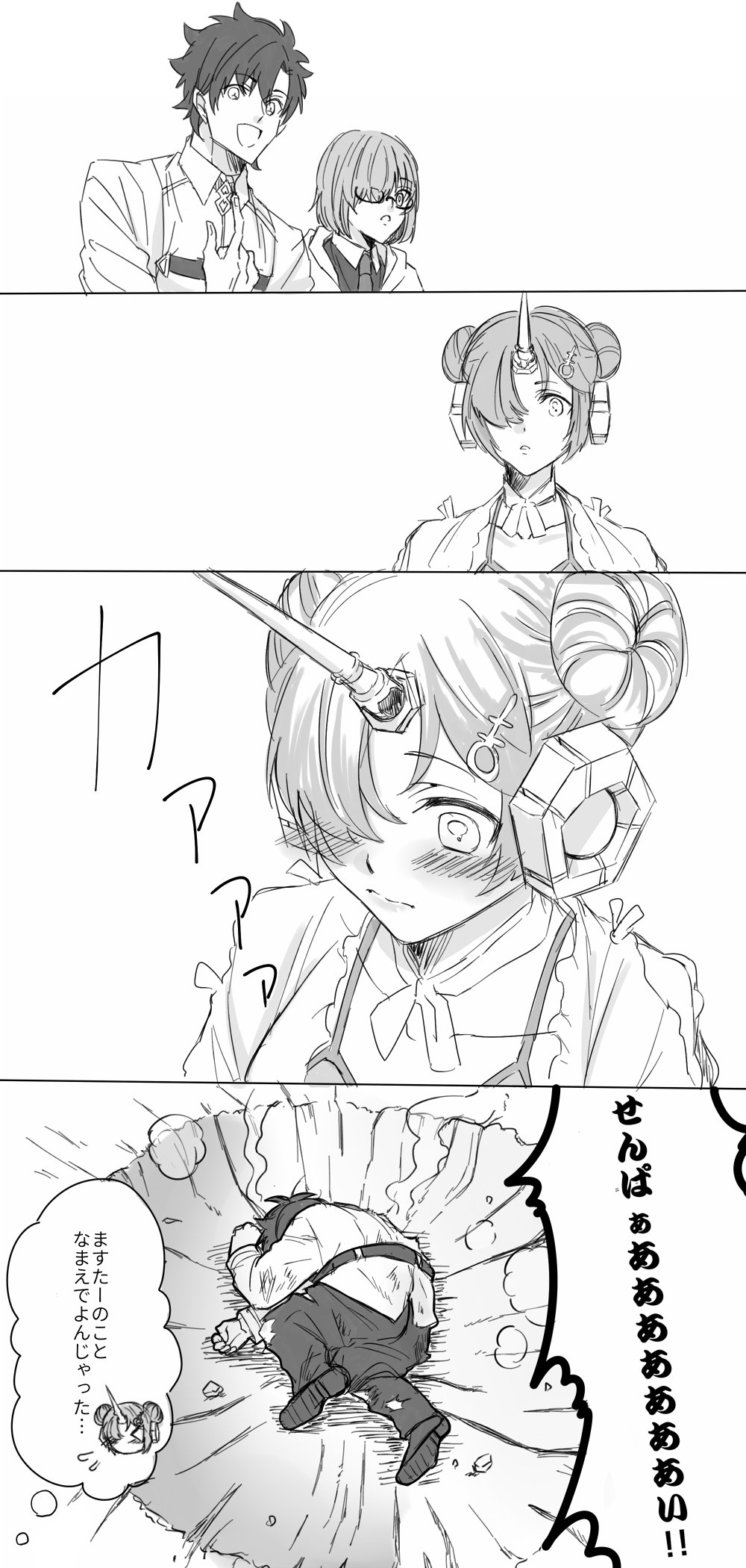 1boy, 2girls, bikini, black_hair, blush, comic, double_bun, fate/grand_order