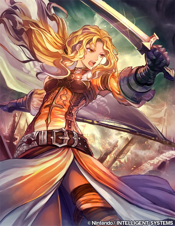 1girl, armor, bangs, belt, blonde_hair, briggid_(fire_emblem), company_connection, copyright_name