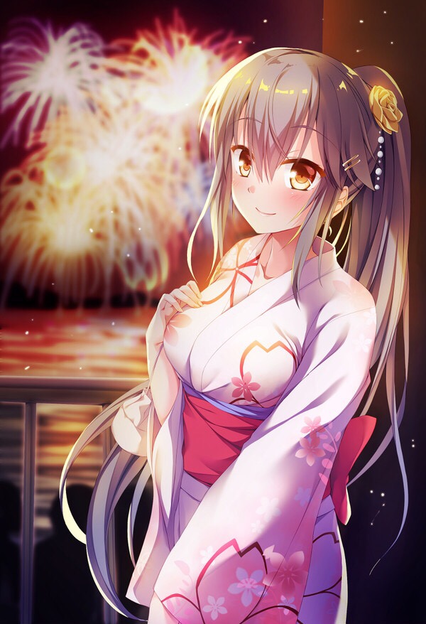 10s, 1girl, alternate_hairstyle, black_hair, commentary, cowboy_shot, eyebrows_visible_through_hair, fireworks