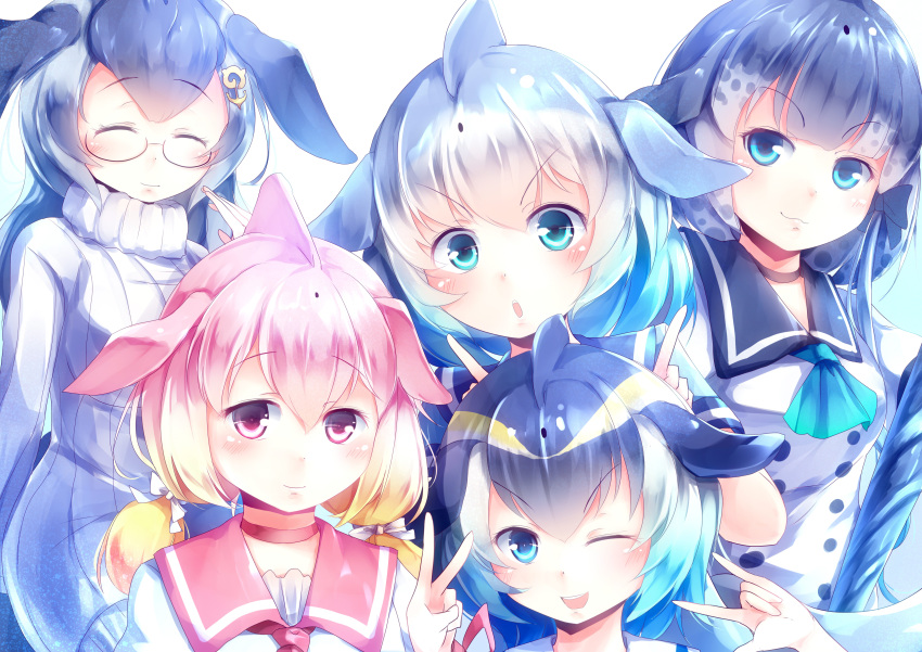 >:o, >;d, 5girls, :3, :o, ;d, absurdres, ascot