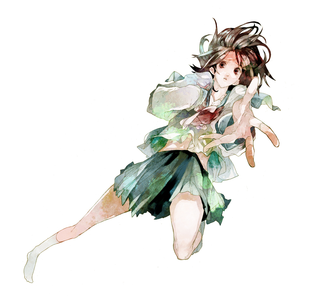 brown_eyes, brown_hair, foreshortening, fuura_kafuka, hands, mercre, outstretched_arm, outstretched_hand
