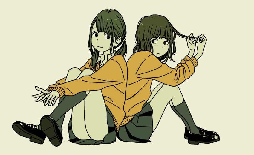 2girls, absurdres, back-to-back, black_footwear, black_legwear, brown_eyes, commentary_request, eye_contact