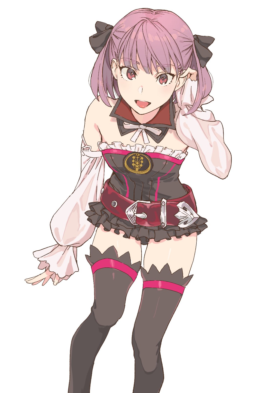 1girl, 5plus5, :d, bare_shoulders, belt, black_legwear, detached_collar, detached_sleeves