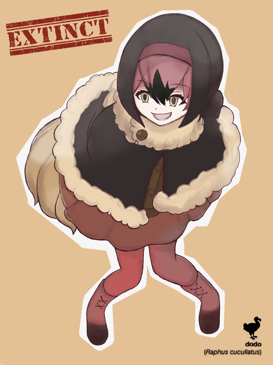 1girl, :d, bangs, bent_over, bird_tail, black_hair, bob_cut, boots, brown_background, brown_shirt, brown_skirt, buttons, character_name, dodo_(bird), dodo_(kemono_friends), empty_eyes, eyebrows_visible_through_hair, eyelashes, feathers, full_body, fur_collar, fur_trim, hair_between_eyes, highres, kemono_friends, leaning_forward, looking_away, meimushi, miniskirt, multicolored_hair, open_mouth, outline, pantyhose, pigeon-toed, pink_boots, pink_hair, pink_legwear, poncho, shirt, short_hair, simple_background, skirt, smile, solo, standing, tail, teeth, tongue, two-tone_hair, white_outline, yellow_eyes