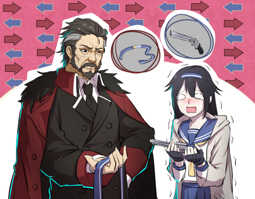 1boy, 1girl, berezovich_kryuger_(girls_frontline), black_hair, commentary, commentary_request, fingerless_gloves, formal
