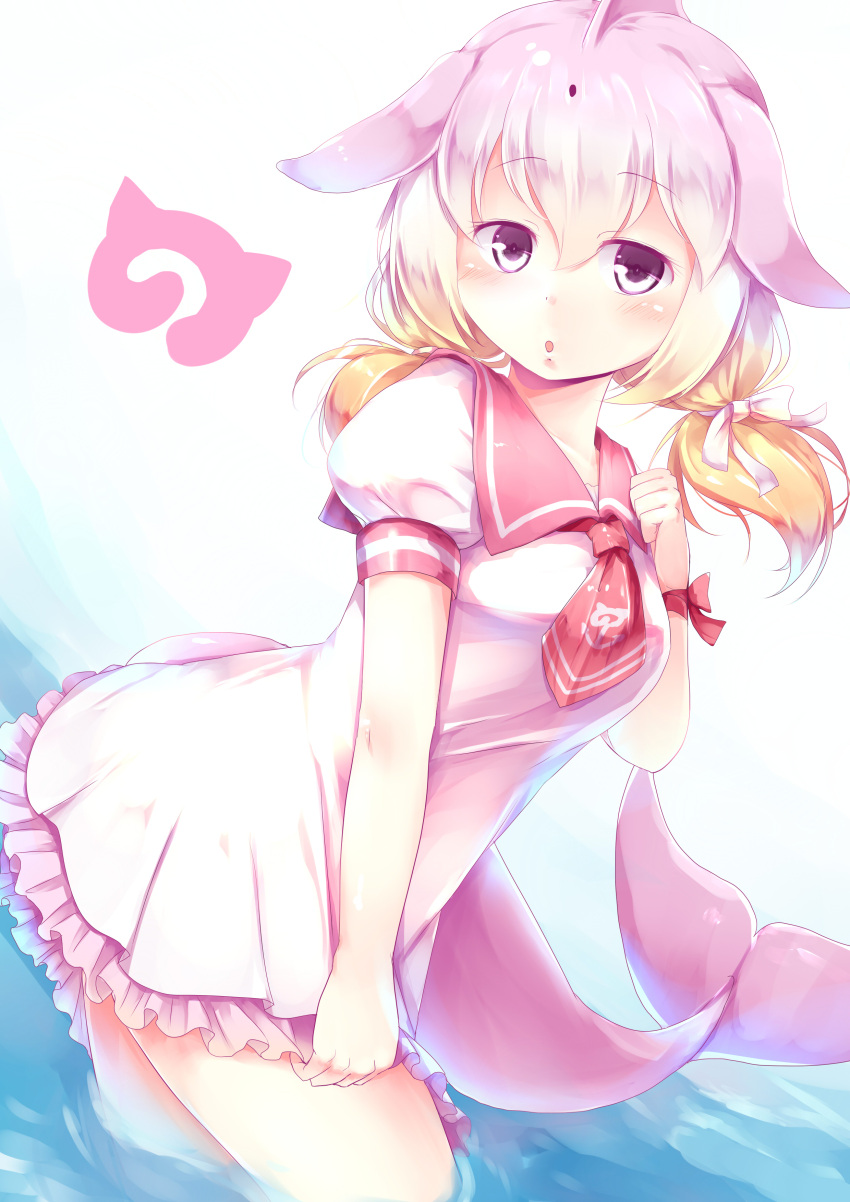 1girl, absurdres, blonde_hair, breasts, chinese_white_dolphin_(kemono_friends), dolphin_tail, dress, dutch_angle