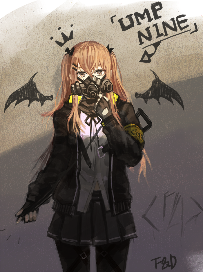 1girl, adjusting_mask, artist_name, bat_wings, black_legwear, brown_eyes, brown_hair, character_name