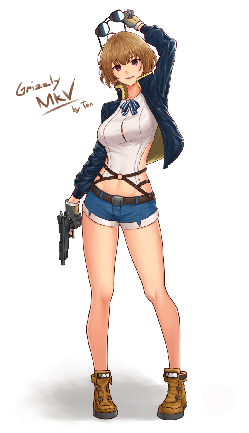 1girl, 2692hd, artist_name, aviator_sunglasses, belt, brown_hair, character_name, full_body, girls_frontline, gloves, grizzly_mkv, grizzly_mkv_(girls_frontline), gun, handgun, highres, jacket, looking_at_viewer, short_hair, short_shorts, shorts, smile, sunglasses, violet_eyes, weapon