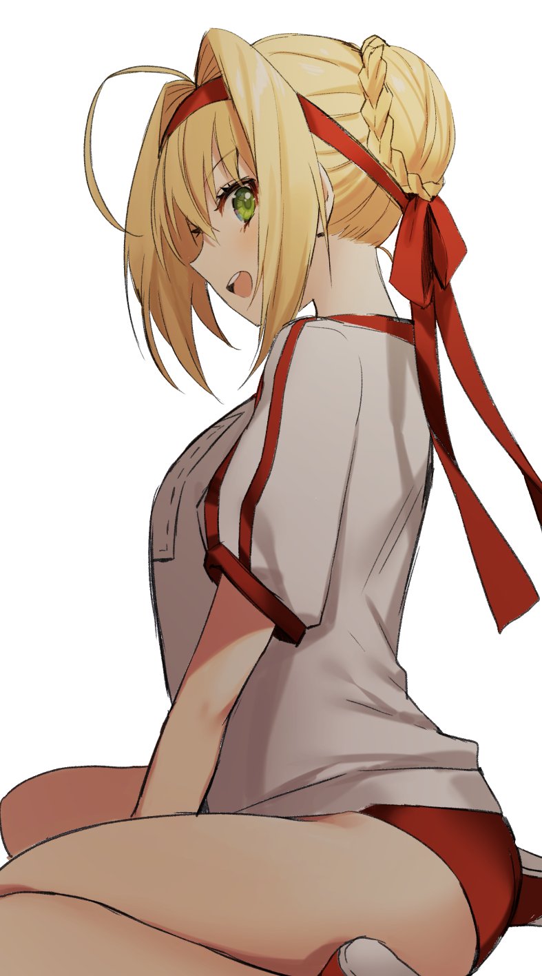 10s, 1girl, ahoge, bangs, between_legs, blonde_hair, blush, braid