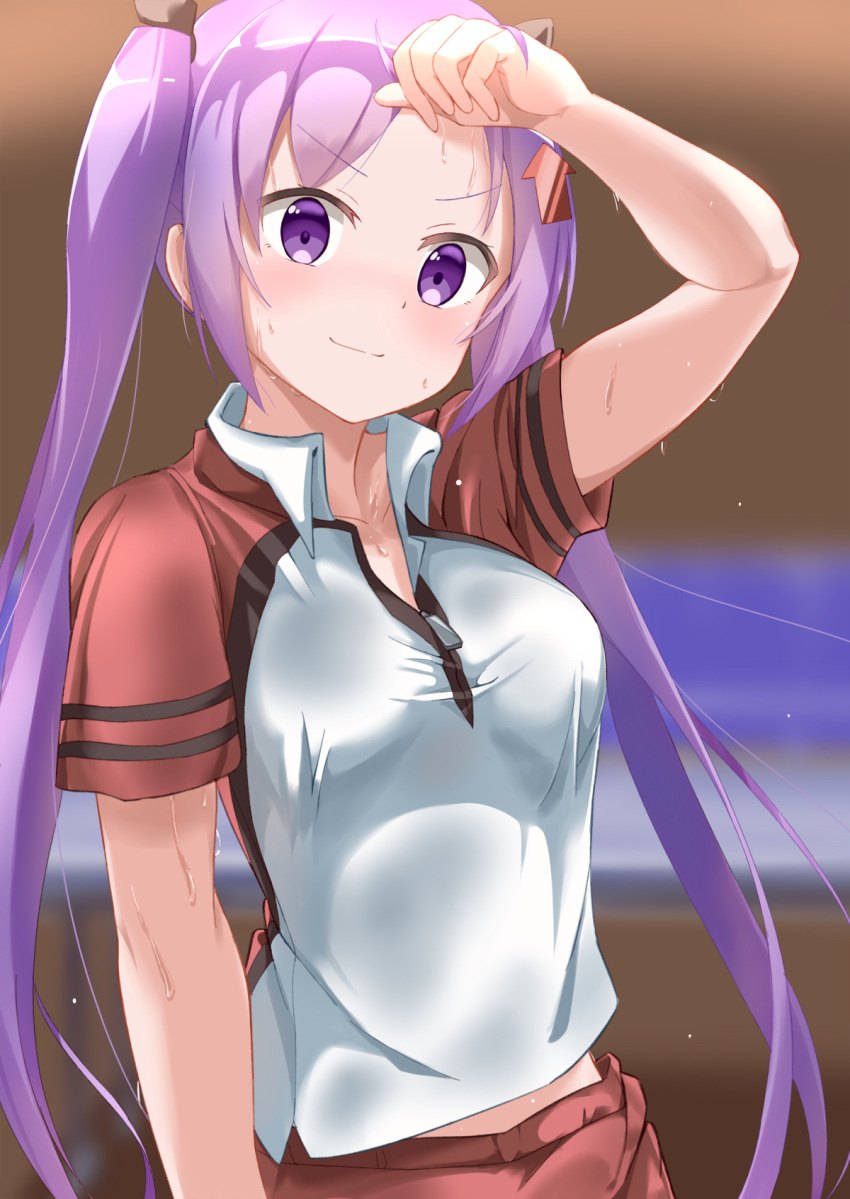 >:), 1girl, arm_up, bangs, bench, black_ribbon, blurry, blurry_background