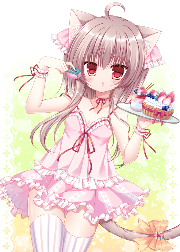 1girl, :o, ahoge, animal_ears, arm_up, babydoll, blueberry, blush