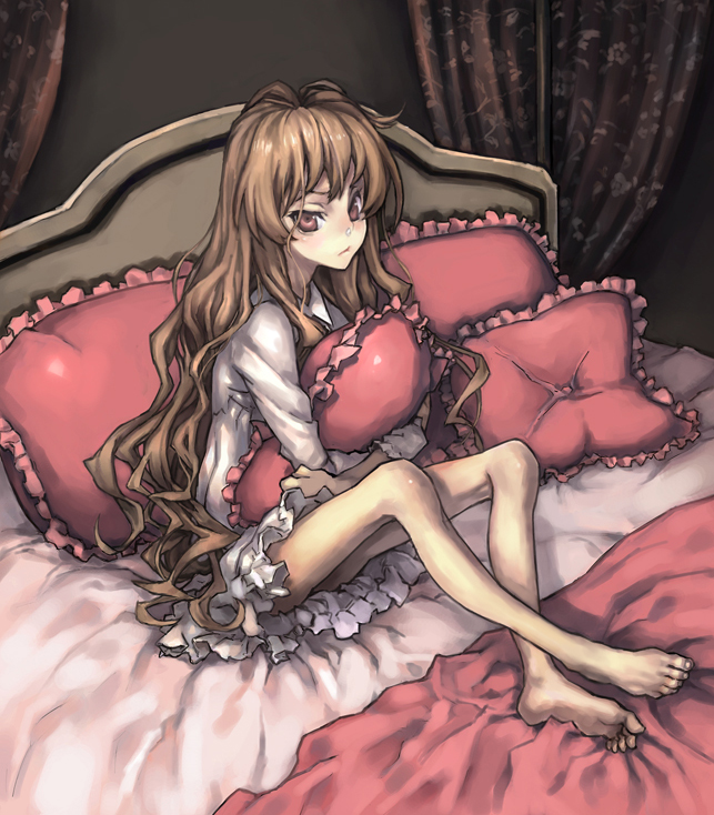 bad_feet, bad_id, barefoot, bed, brown_eyes, brown_hair, feet, gyamur, long_hair, pillow, pillow_hug, sick, sitting, snot, toradora!