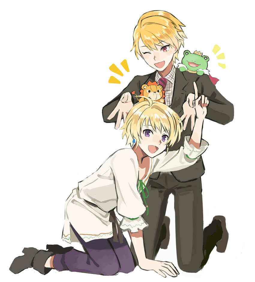 2boys, ;), akimachi, ankle_boots, blonde_hair, blush, boots, earrings