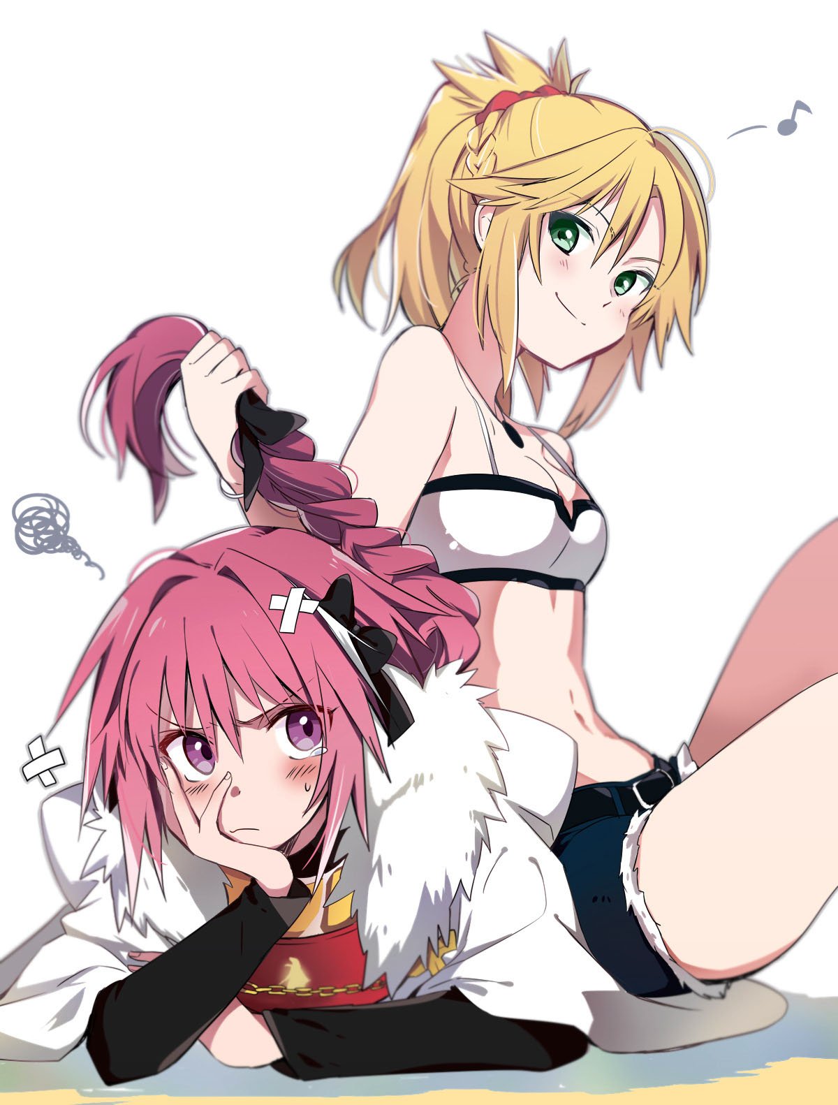 azumada, bandeau, blonde_hair, braid, cape, denim, denim_shorts, fate/apocrypha, fate_(series), highres, long_hair, pink_hair, ponytail, rider_of_black, saber_of_red, shorts, single_braid