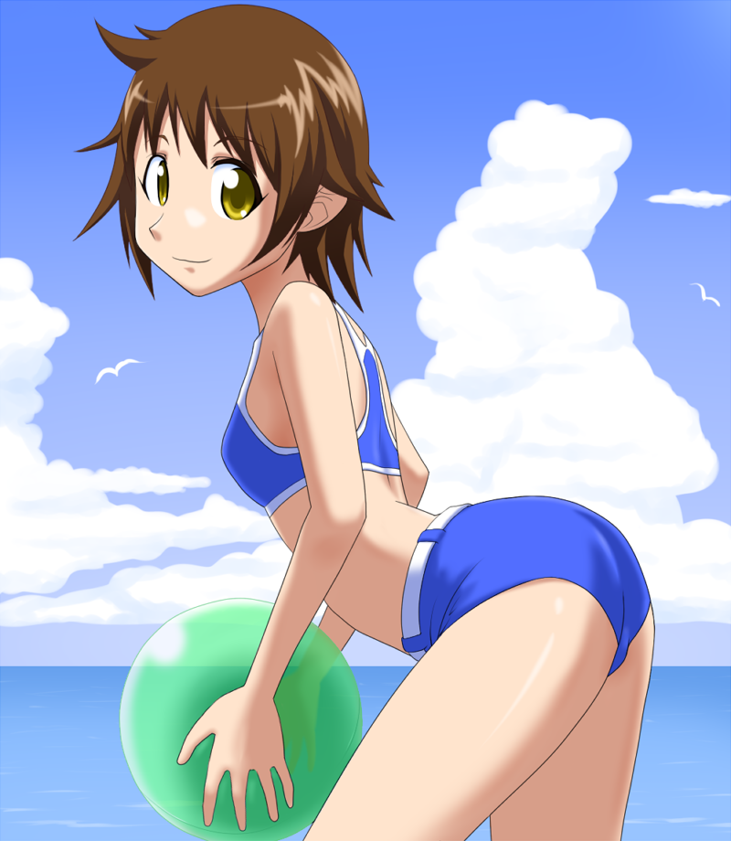 1girl, arched_back, ass, ball, beachball, bikini, bird, blue_bikini