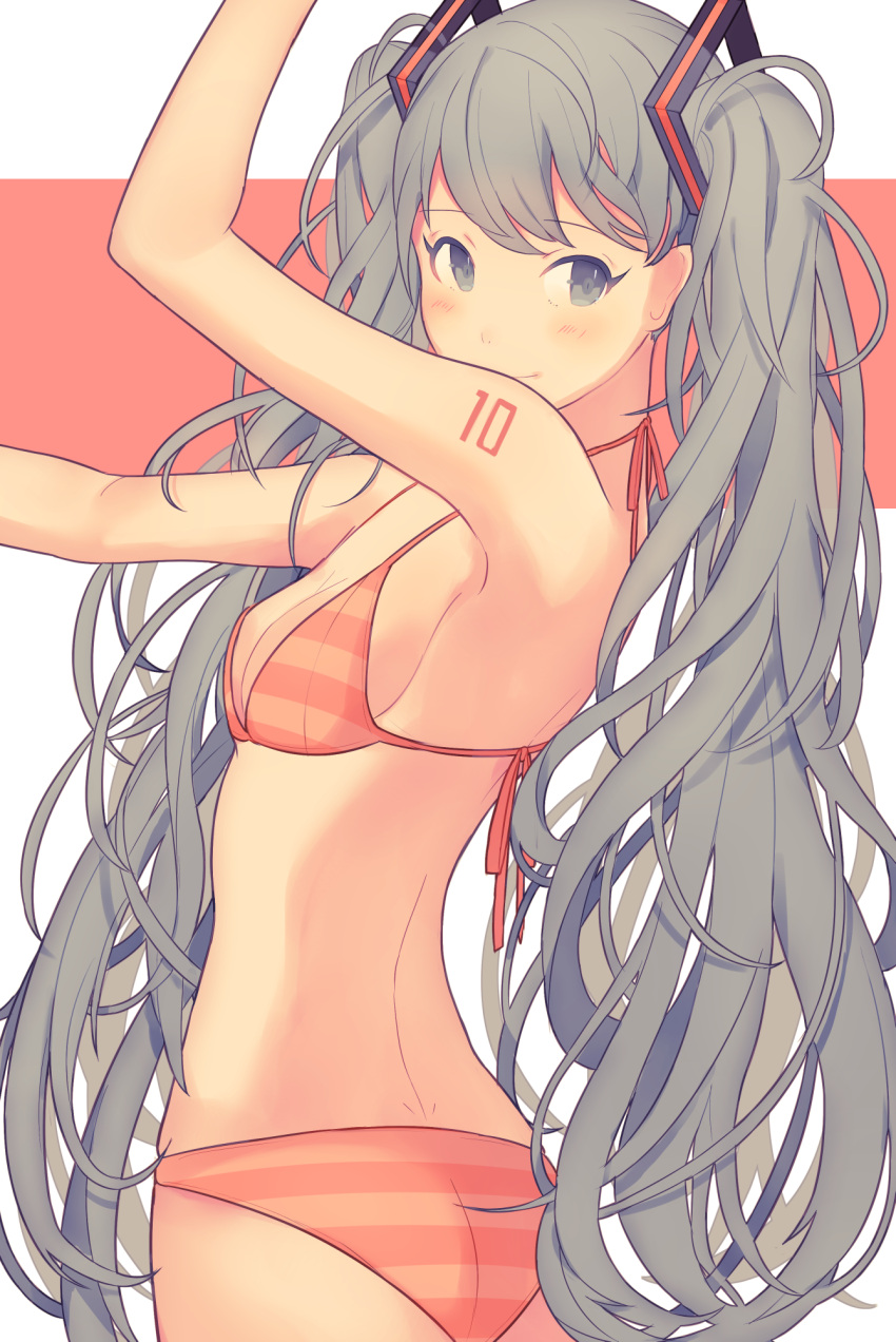 1girl, arm_up, armpits, ass, back, bangs, bikini, blush, breasts, butt_crack, cleavage, closed_mouth, eyebrows_visible_through_hair, eyelashes, from_behind, grey_eyes, grey_hair, halterneck, hatsune_miku, highres, long_hair, looking_to_the_side, orange_bikini, outstretched_arm, side-tie_bikini, sideboob, small_breasts, smile, solo, standing, striped, striped_bikini, swept_bangs, swimsuit, tattoo, twintails, twisted_torso, upper_body, very_long_hair, vocaloid, white_background, yuusei_tsukiro