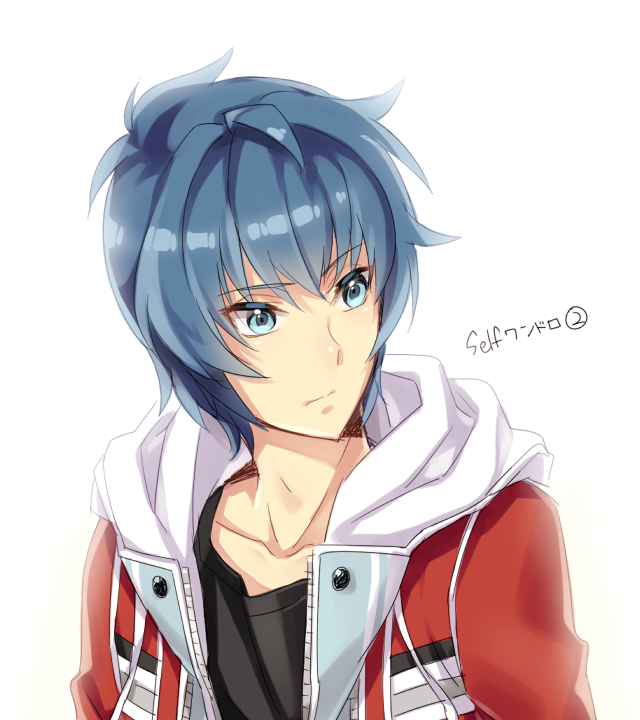1boy, black_skirt, blue_eyes, blue_hair, hood, hooded_jacket, jacket, laft, looking_back, male_focus, open_clothes, open_jacket, skirt, solo, super_robot_wars, super_robot_wars_og_saga_masou_kishin_f_coffin_of_the_end