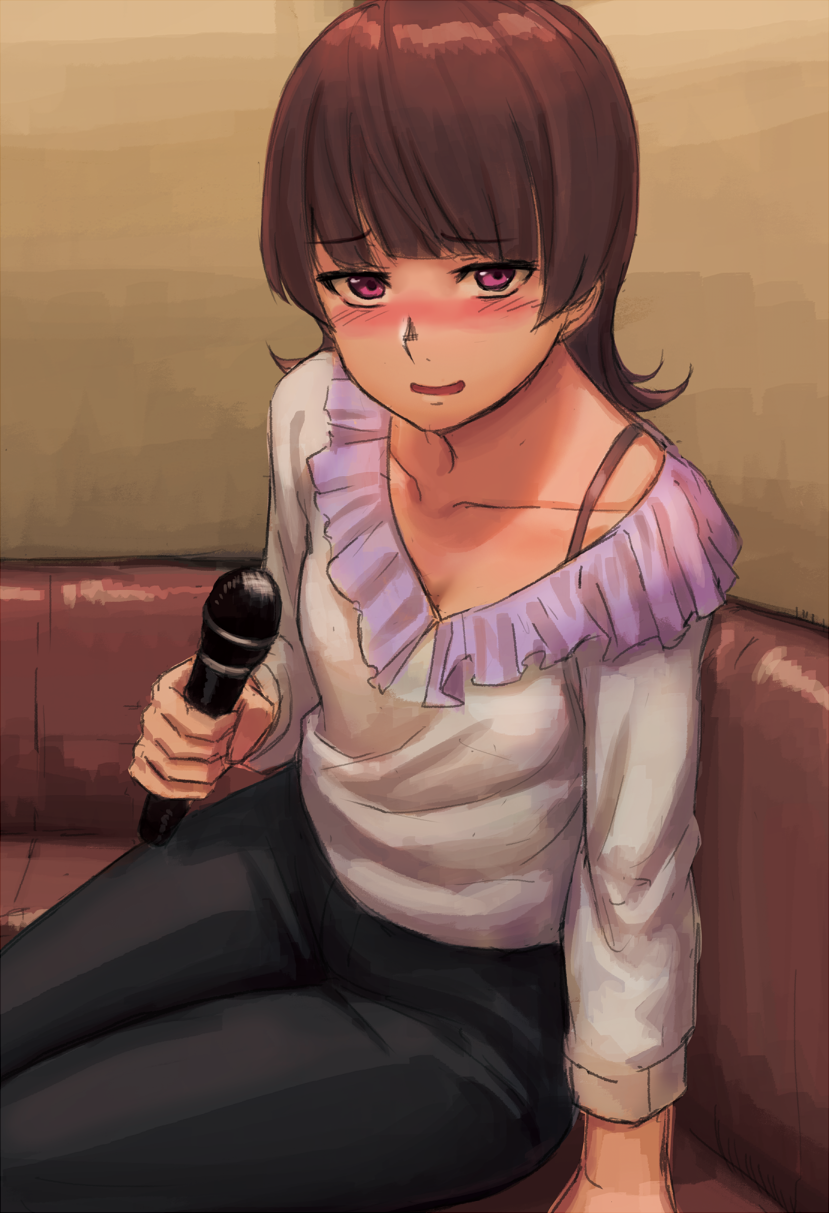 1girl, active_raid, bangs, blunt_bangs, blush, brown_hair, couch, drunk