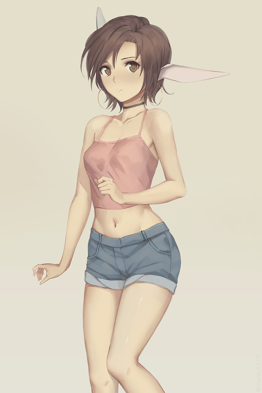 1girl, bare_shoulders, blue_shorts, brown_eyes, brown_hair, camisole, choker, contemporary, crop_top, earrings, highres, hoop_earrings, jewelry, knees_together_feet_apart, looking_at_viewer, midriff, miura-n315, navel, pink_shirt, sakuya_(utawareru_mono), shirt, short_hair, short_shorts, shorts, solo, utawareru_mono, utawareru_mono:_itsuwari_no_kamen