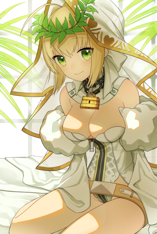 10s, 1girl, ahoge, bare_shoulders, belt, blonde_hair, breasts, chains