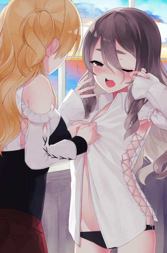 10s, 2girls, bare_shoulders, black_panties, blonde_hair, blush, brown_eyes, brown_hair, buttoning, cross-laced_clothes, dressing, hair_between_eyes, kantai_collection, kisenka_momi, long_hair, long_sleeves, morning, multiple_girls, no_bra, nose_blush, one_eye_closed, open_mouth, panties, pola_(kantai_collection), rubbing_eyes, shirt, underwear, wavy_hair, white_shirt, window, yawning, zara_(kantai_collection)