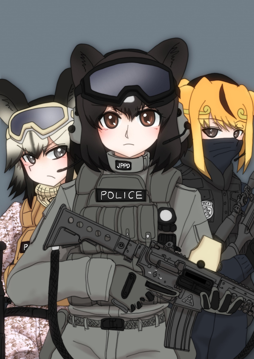 3girls, african_wild_dog_(kemono_friends), animal_ears, assault_rifle, brown_bear_(kemono_friends), gloves, goggles, goggles_on_head