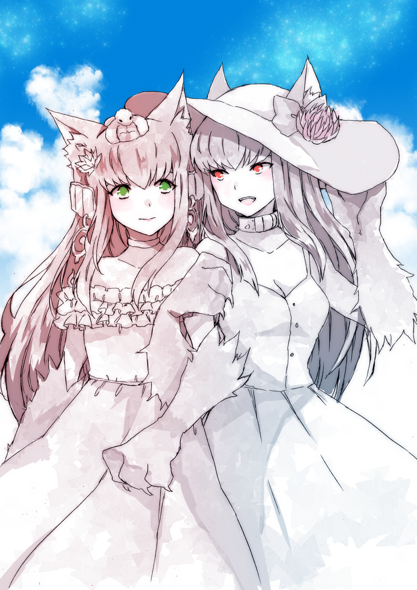 2girls, :d, animal_ears, anubis_(monster_girl_encyclopedia), bangs, bare_shoulders, belt_collar, blue_background