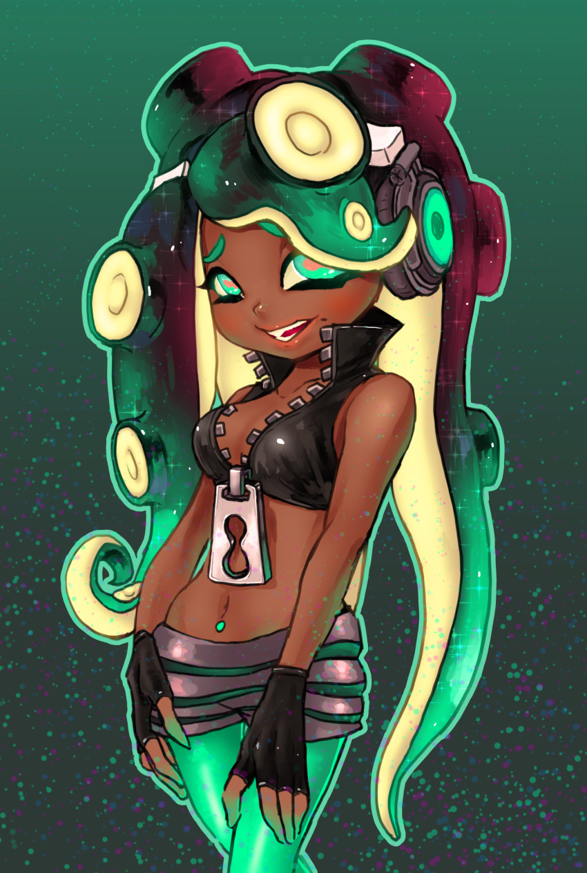 1girl, :d, absurdres, anakona, aqua, aqua_eyes, aqua_hair, aqua_legwear, aqua_outline, bare_shoulders, black_gloves, black_hair, black_shirt, breasts, cleavage, cowboy_shot, crop_top, dark_skin, eyelashes, fingerless_gloves, gloves, gradient, gradient_background, gradient_hair, grey_shorts, headphones, highres, horizontal_pupils, iida_(splatoon), legs_crossed, lips, long_hair, mole, mole_under_mouth, multicolored_hair, octarian, open_mouth, outline, pantyhose, pink_lips, pink_pupils, popped_collar, shirt, short_shorts, shorts, sleeveless, sleeveless_shirt, smile, solo, splatoon, splatoon_2, standing, suction_cups, teeth, tentacle_hair, two-tone_hair, very_long_hair, zipper, zipper_pull_tab