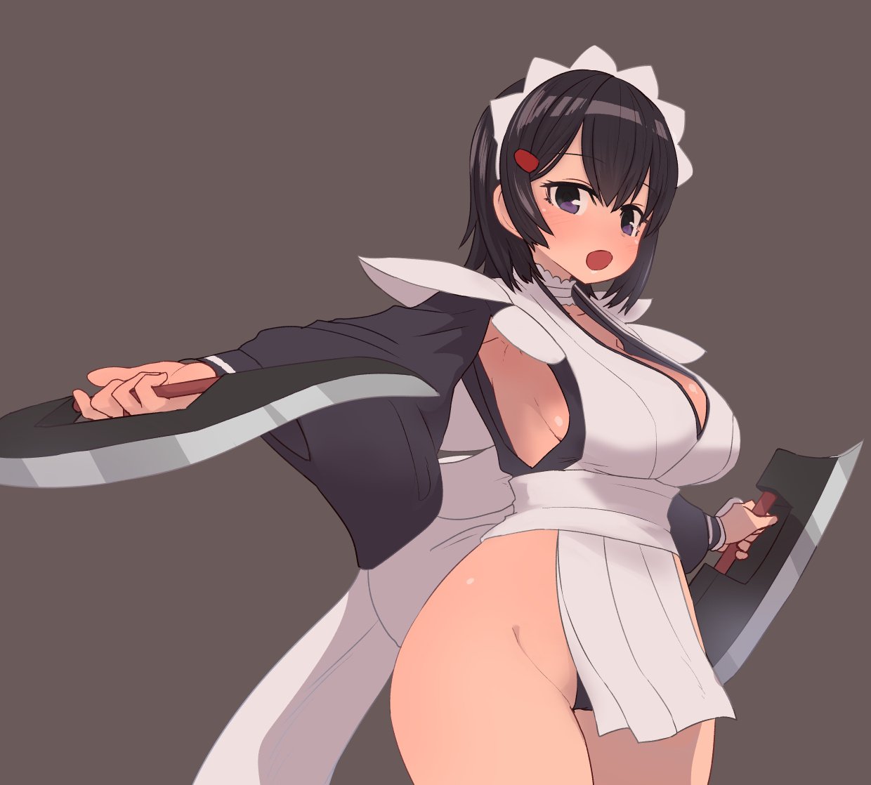 1girl, armpits, bangs, black_hair, blush, breasts, brown_background, butterfly_swords