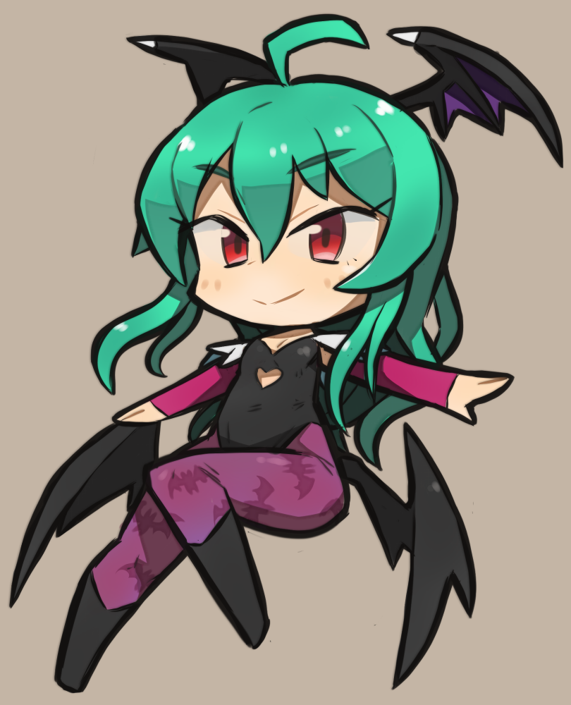 1girl, animal_print, bare_shoulders, bat_print, bat_wings, bridal_gauntlets, chibi, cosplay, green_hair, head_wings, ibara., leotard, long_hair, morgana_(school_girl_strikers), morrigan_aensland, morrigan_aensland_(cosplay), namesake, pantyhose, print_legwear, red_eyes, school_girl_strikers, smile, solo, vampire_(game), wings