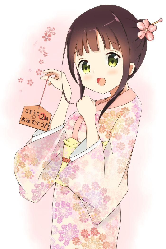 1girl, :d, bangs, blunt_bangs, blush, breasts, brown_hair, cherry_blossoms, commentary_request, ema, eyebrows_visible_through_hair, floral_print, flower, fuyutsuki_tomo, gochuumon_wa_usagi_desu_ka?, green_eyes, hair_bun, hair_flower, hair_ornament, hair_stick, japanese_clothes, kimono, long_sleeves, looking_at_viewer, obi, open_mouth, pink_flower, print_kimono, sash, short_hair, sidelocks, small_breasts, smile, solo, two-tone_background, ujimatsu_chiya, wide_sleeves