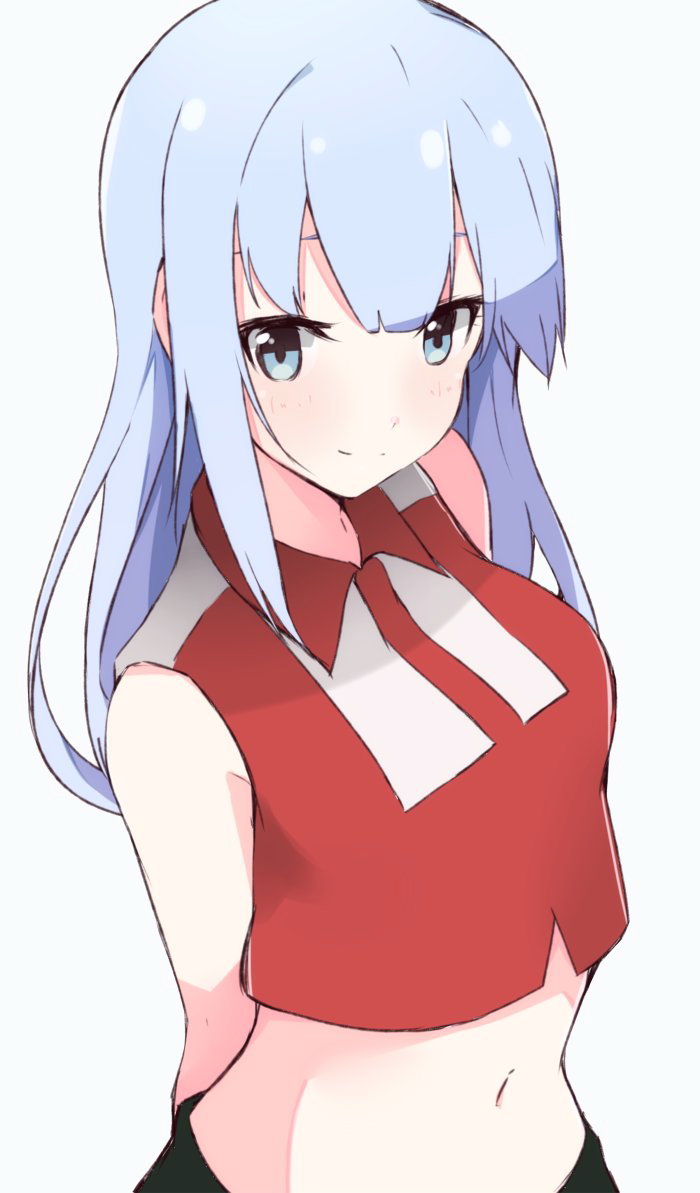 1girl, blue_eyes, employee_uniform, enelis, idolmaster, idolmaster_million_live!, idolmaster_million_live!_theater_days, long_hair, looking_at_viewer, midriff, navel, shiraishi_tsumugi, silver_hair, sketch, smile, solo, sukiya, uniform