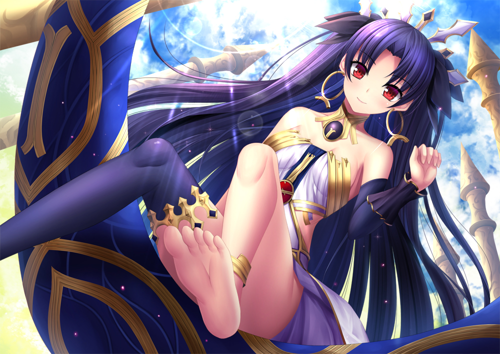 1girl, asymmetrical_legwear, barefoot, black_hair, black_legwear, black_ribbon, breasts, choker