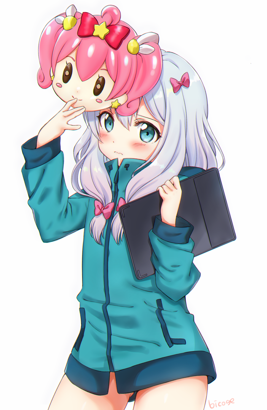 1girl, bico_(bicoris), blue_eyes, blue_sweater, blush, bottomless, bow, cowboy_shot