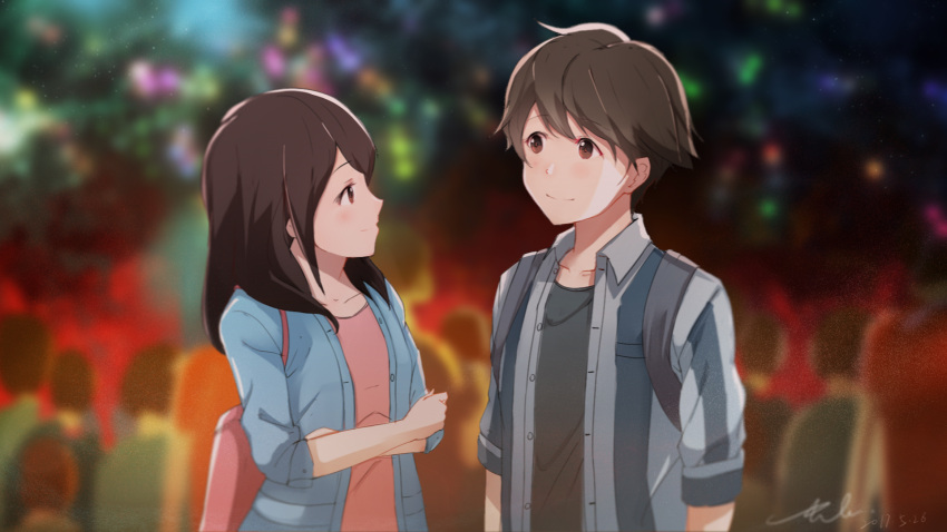 1boy, 1girl, azumi_kotarou, backpack, bag, black_shirt, blue_jacket, brown_eyes