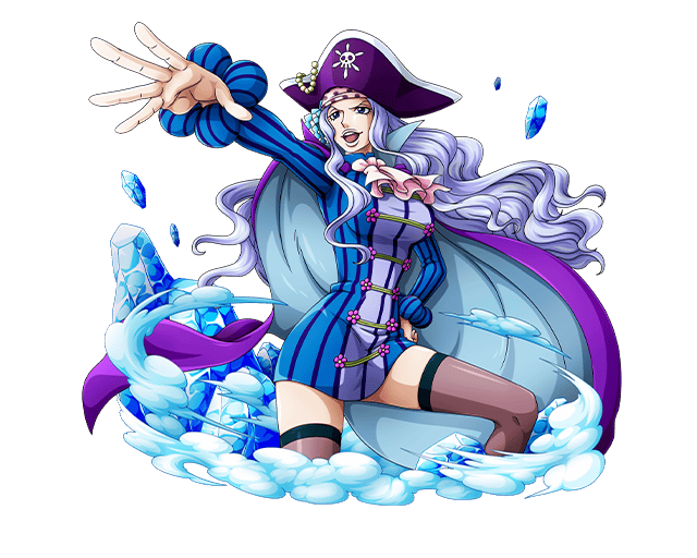 1girl, black_eyes, blue_dress, blue_hair, brown_legwear, cape, dress, floating_hair, hat, long_hair, neckerchief, one_piece, open_mouth, outstretched_arm, pink_neckerchief, pirate, pirate_hat, purple_cape, purple_hat, shiny, shiny_clothes, short_dress, solo, standing, striped, thigh-highs, transparent_background, vertical-striped_dress, vertical_stripes, very_long_hair, whitey_bay, zettai_ryouiki