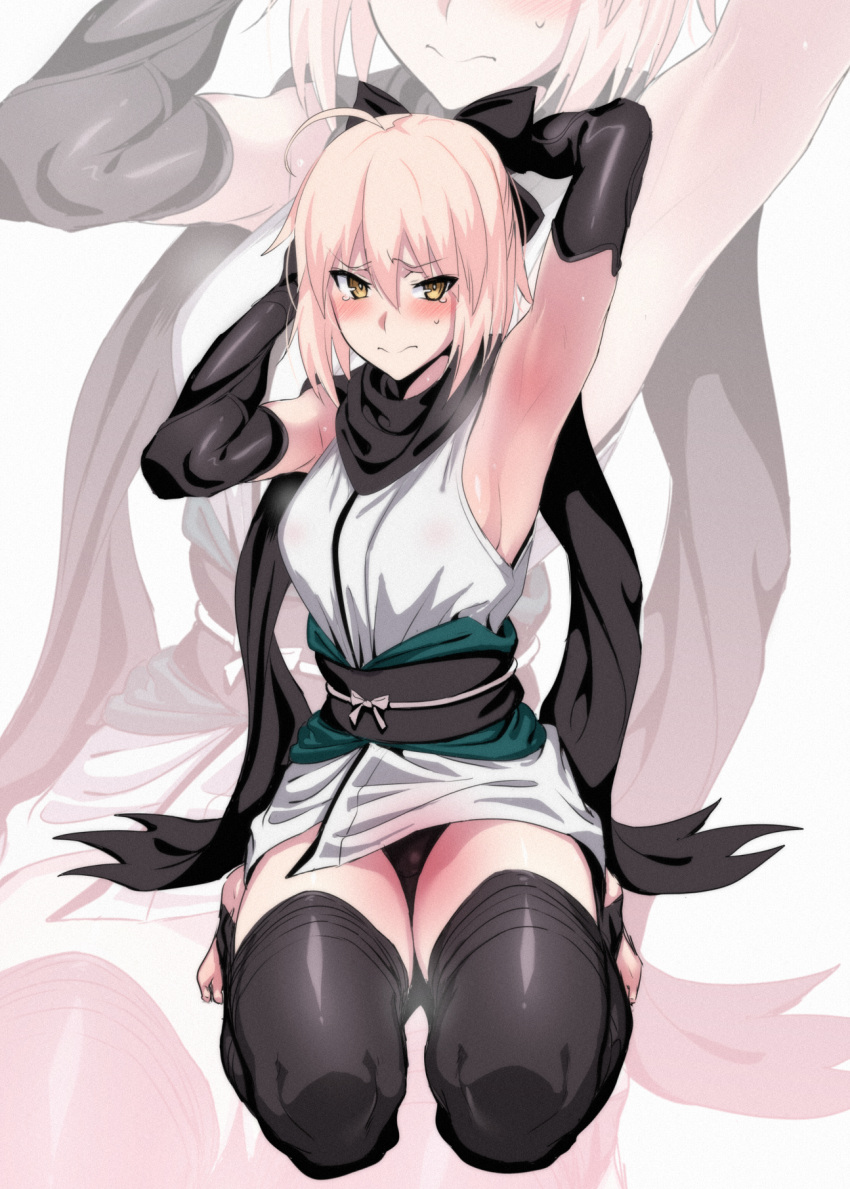 >:(, 1girl, ahoge, arm_up, armpits, barefoot, black_gloves, black_legwear