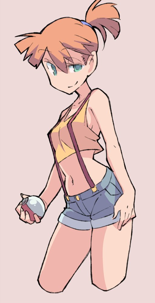 1girl, blue_eyes, breasts, crop_top, cropped_legs, half-closed_eyes, kasumi_(pokemon), looking_at_viewer