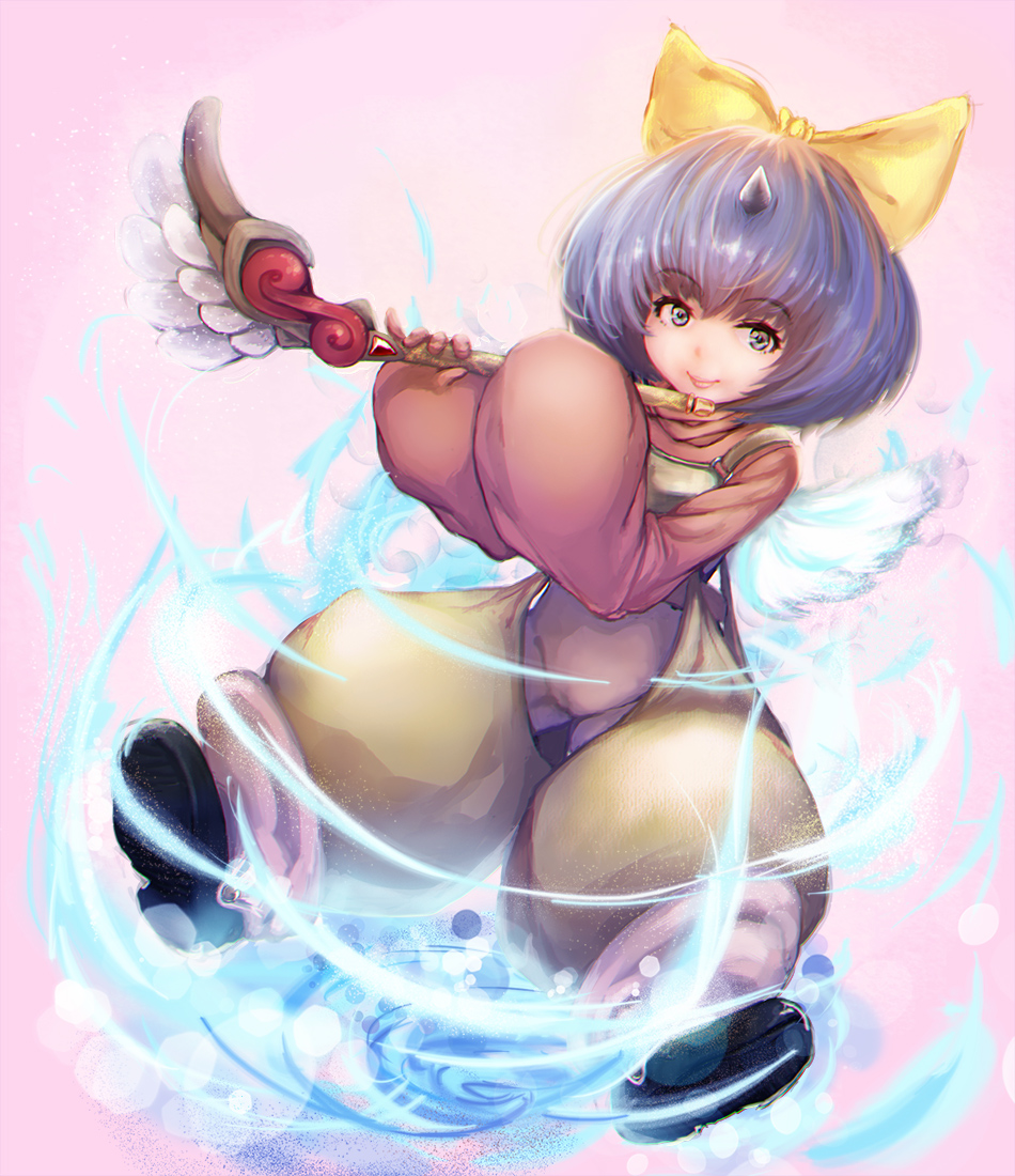 1girl, bangs, bejili, black_footwear, bob_cut, bodysuit, bow, chromatic_aberration