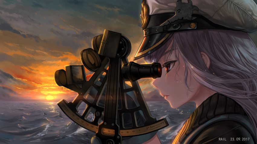 1girl, absurdres, black_gloves, clouds, evening, gloves, grey_gloves, hat