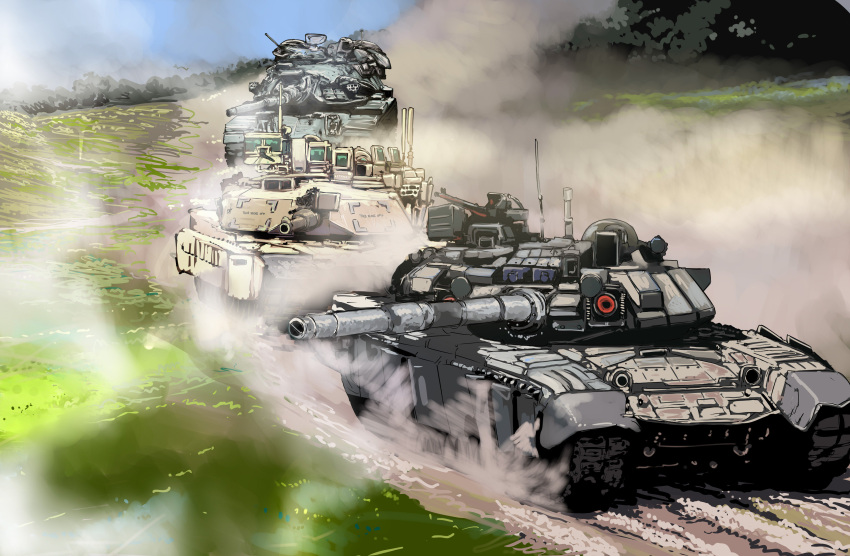 absurdres, clouds, day, dust_cloud, ground_vehicle, gun, highres, m1_abrams
