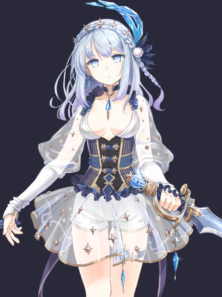 1girl, bangs, blue_eyes, breasts, cleavage, closed_mouth, dress, expressionless, gem, holding, holding_knife, holding_sword, holding_weapon, kagami_masara, knife, long_hair, looking_at_viewer, magia_record:_mahou_shoujo_madoka_magica_gaiden, magical_girl, mahou_shoujo_madoka_magica, medium_breasts, sidelocks, silver_hair, solo, standing, sword, thighs, weapon, white_dress