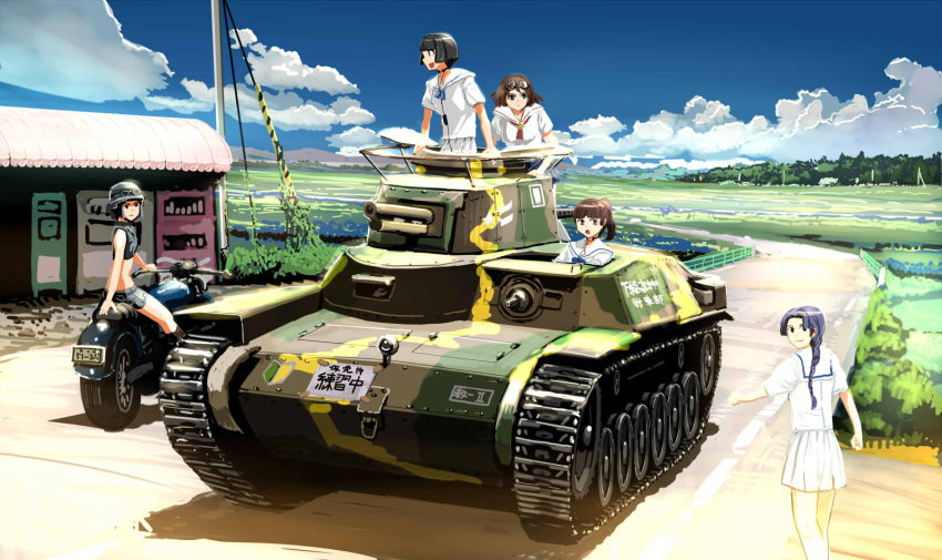 5girls, black_eyes, braid, braided_ponytail, brown_hair, character_request, clouds, day, ground_vehicle, highres, long_hair, military, military_vehicle, motor_vehicle, motorcycle, multiple_girls, nogami_takeshi, ponytail, purple_hair, school_uniform, serafuku_to_juusensha, shimada_kanon, short_hair, sky, tank, type_97_chi-ha