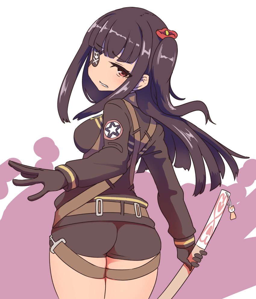 1girl, ass, bangs, belt, black_gloves, black_hair, black_jacket, black_shorts