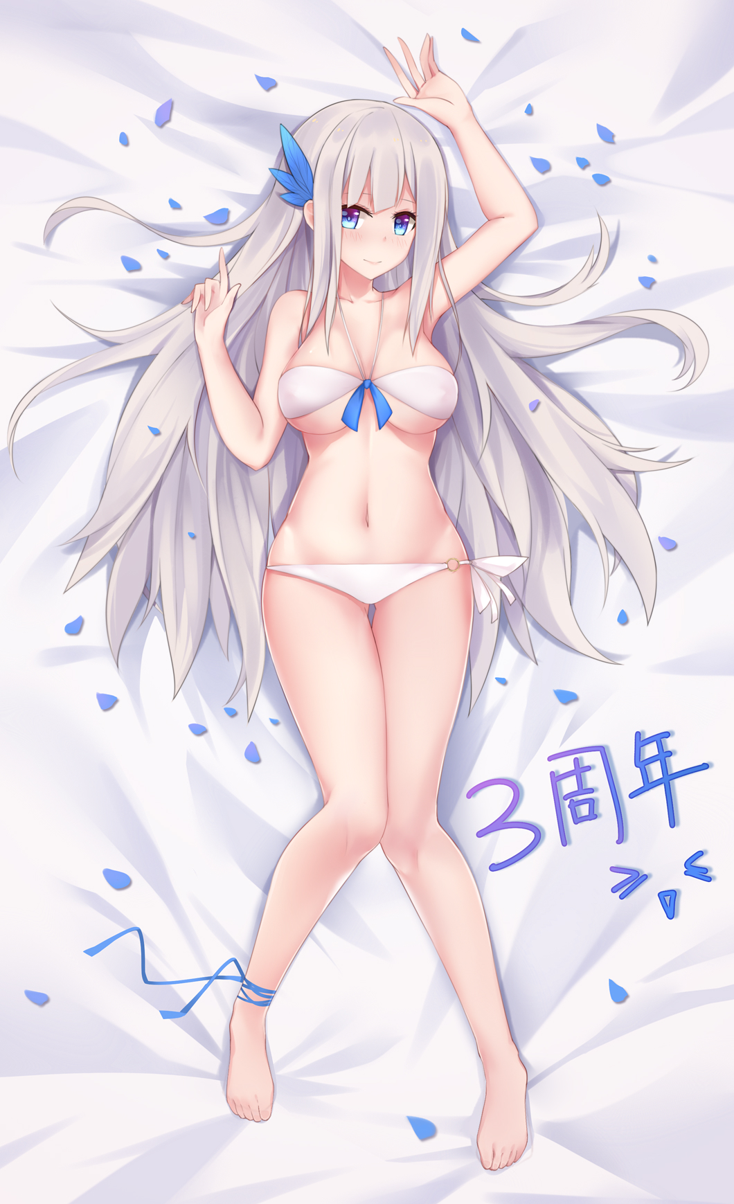 >_<, 1girl, :d, ankle_ribbon, anniversary, arm_up, bandeau, bangs