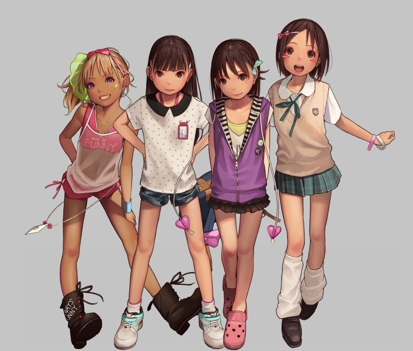4girls, black_footwear, blonde_hair, blush_stickers, boots, bow, brown_eyes, brown_hair, clenched_teeth, closed_mouth, cross-laced_footwear, dark_skin, full_body, green_bow, green_skirt, grey_background, hair_bow, hand_on_own_thigh, hands_on_hip, highres, jacket, kagamine-ikka, long_hair, looking_at_viewer, miniskirt, multiple_girls, open_mouth, original, pink_bow, plaid, plaid_skirt, polka_dot, polka_dot_shirt, purple_jacket, shirt, short_hair, short_shorts, shorts, side_ponytail, simple_background, skirt, smile, socks, standing, teeth, violet_eyes